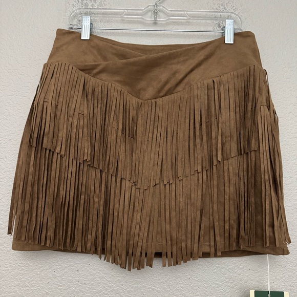 Halara Crossover High Waisted 2-in-1 Fringe Hem Bodycon Mini Skirt Faux Suede L - Picture 2 of 8